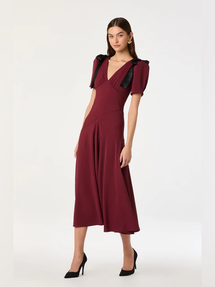 New Astr The Label Burgundy V-Neck Midi Dress With Velvet Bows & Puff Sleeves S